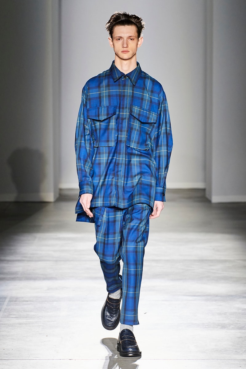 JIEDA Fall/Winter 2020 Collection Milan Men's Fashion Week Runway Presentation Trousers Blazers Coats Jackets Hoodies Vests Plaid Gingham Acid-Wash Knitwear Hiroyuki Fujita