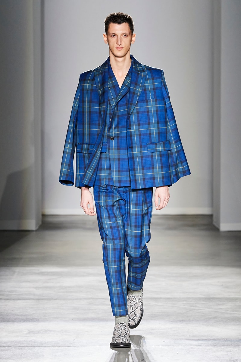 JIEDA Fall/Winter 2020 Collection Milan Men's Fashion Week Runway Presentation Trousers Blazers Coats Jackets Hoodies Vests Plaid Gingham Acid-Wash Knitwear Hiroyuki Fujita