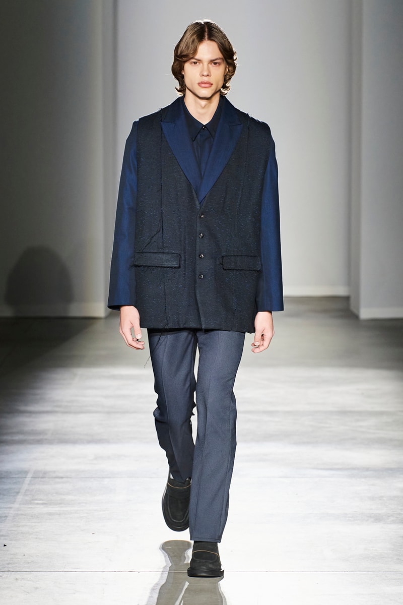 JIEDA Fall/Winter 2020 Collection Milan Men's Fashion Week Runway Presentation Trousers Blazers Coats Jackets Hoodies Vests Plaid Gingham Acid-Wash Knitwear Hiroyuki Fujita