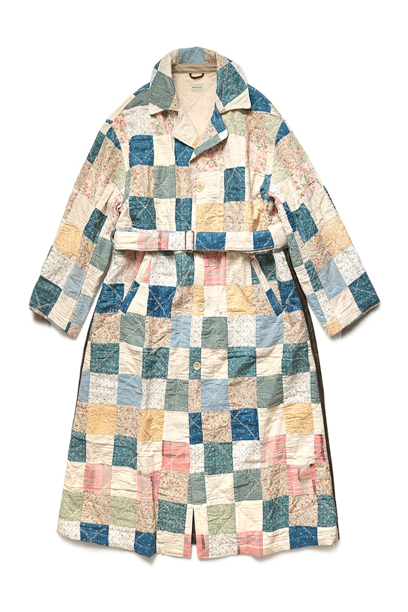 KAPITAL American Quilts Nylon Trench Coat Hospital jacket spring summer 2020 collection japanese kiro hirata victorian indigo floral pin stripes denim batted padded single vent