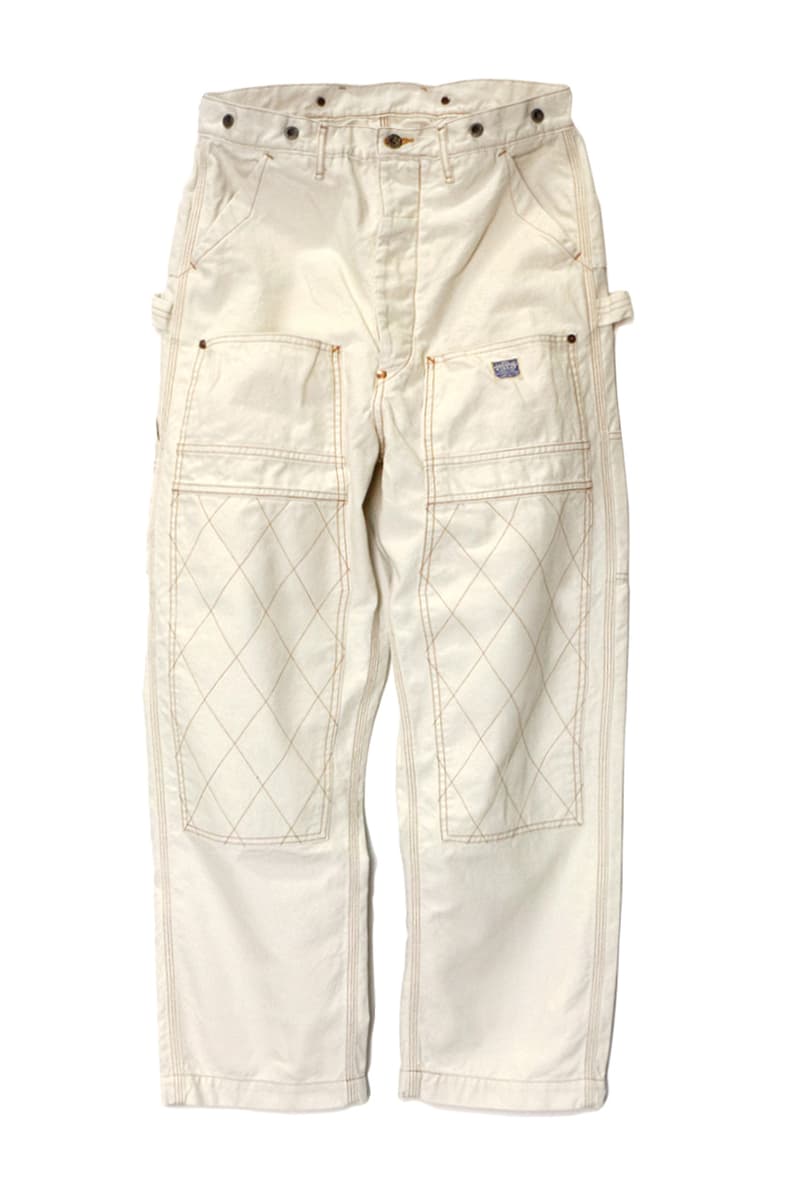 KAPITAL Light Canvas Lumber Pants seams reinfoced raw white black yellow top stitching spring summer 2020 collection japanese brands kiro hirata jeans overalls suspenders