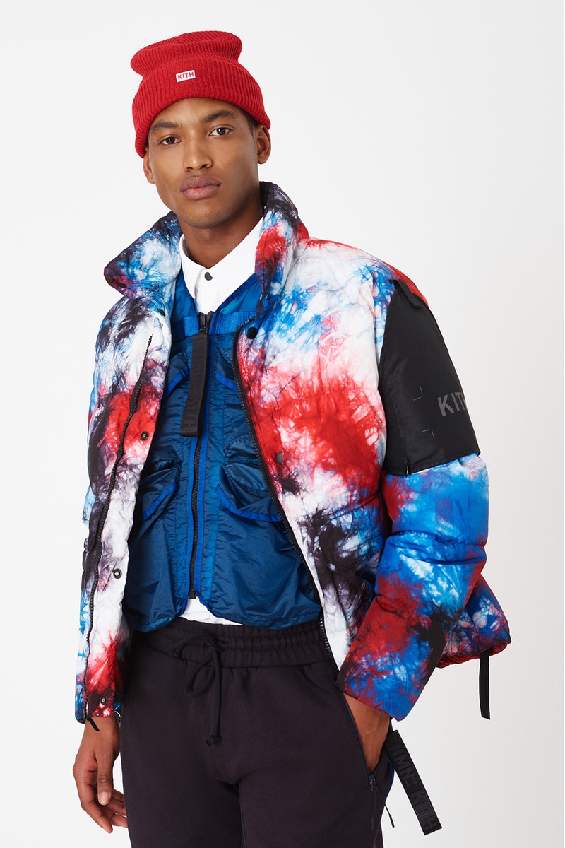 KITH x NEMEN Tie-Dye Collaboration Release Info capsule Tie-Dye Down Jacket, Blade Jacket,  XLight Guard Vest, Futura Kimono, Stark Track Pants, and Tie-Dye Goose Down Hood. release date outerwear multicolor 