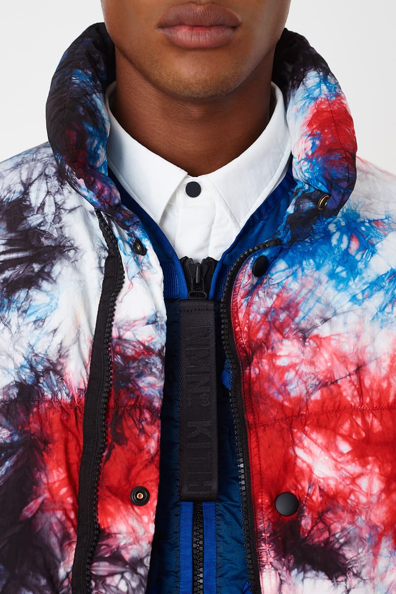 KITH x NEMEN Tie-Dye Collaboration Release Info capsule Tie-Dye Down Jacket, Blade Jacket, XLight Guard Vest, Futura Kimono, Stark Track Pants, and Tie-Dye Goose Down Hood. release date outerwear multicolor