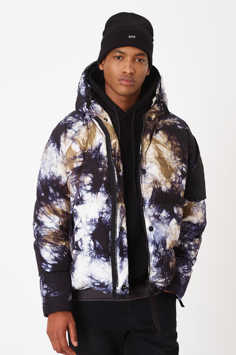 KITH x NEMEN Tie-Dye Collaboration Release Info capsule Tie-Dye Down Jacket, Blade Jacket,  XLight Guard Vest, Futura Kimono, Stark Track Pants, and Tie-Dye Goose Down Hood. release date outerwear multicolor 