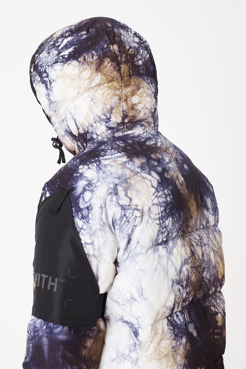 KITH x NEMEN Tie-Dye Collaboration Release Info capsule Tie-Dye Down Jacket, Blade Jacket,  XLight Guard Vest, Futura Kimono, Stark Track Pants, and Tie-Dye Goose Down Hood. release date outerwear multicolor 