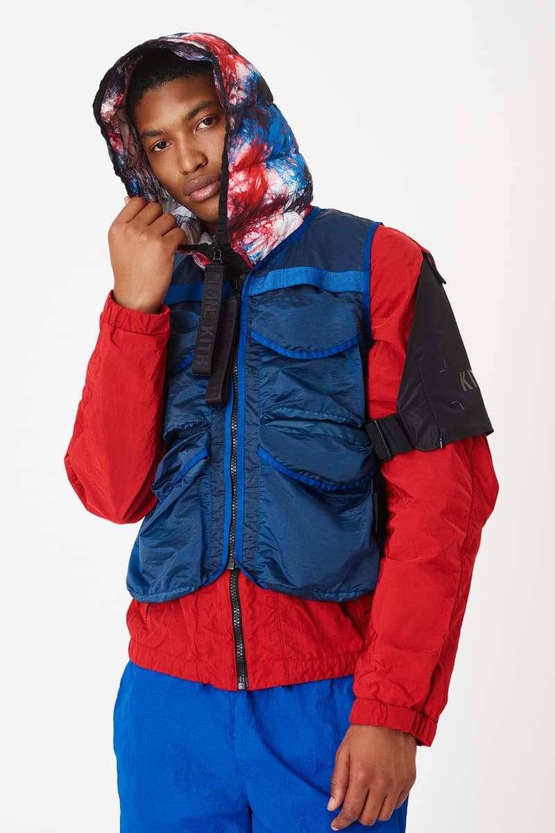 KITH x NEMEN Tie-Dye Collaboration Release Info capsule Tie-Dye Down Jacket, Blade Jacket,  XLight Guard Vest, Futura Kimono, Stark Track Pants, and Tie-Dye Goose Down Hood. release date outerwear multicolor 