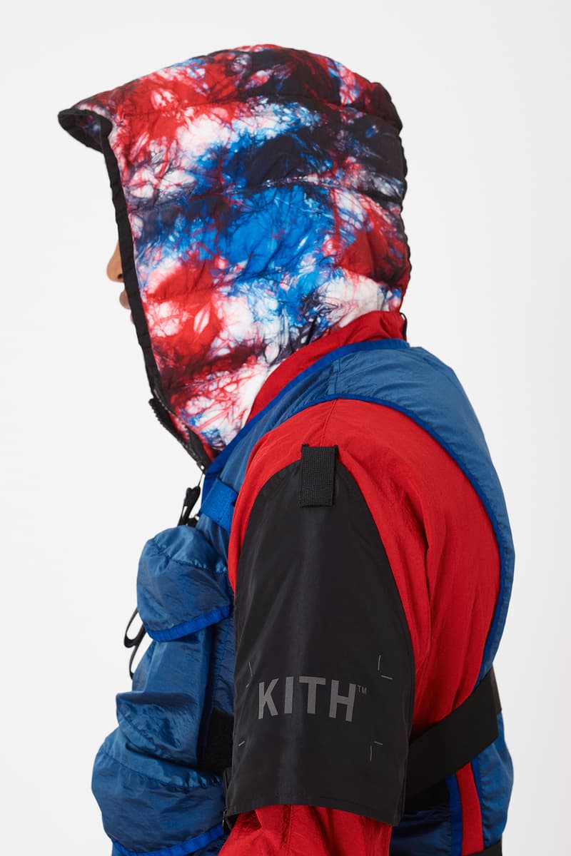 KITH x NEMEN Tie-Dye Collaboration Release Info capsule Tie-Dye Down Jacket, Blade Jacket, XLight Guard Vest, Futura Kimono, Stark Track Pants, and Tie-Dye Goose Down Hood. release date outerwear multicolor