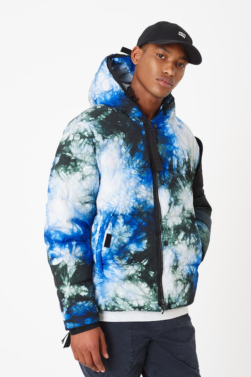 KITH x NEMEN Tie-Dye Collaboration Release Info capsule Tie-Dye Down Jacket, Blade Jacket, XLight Guard Vest, Futura Kimono, Stark Track Pants, and Tie-Dye Goose Down Hood. release date outerwear multicolor
