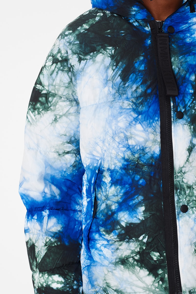 KITH x NEMEN Tie-Dye Collaboration Release Info capsule Tie-Dye Down Jacket, Blade Jacket,  XLight Guard Vest, Futura Kimono, Stark Track Pants, and Tie-Dye Goose Down Hood. release date outerwear multicolor 