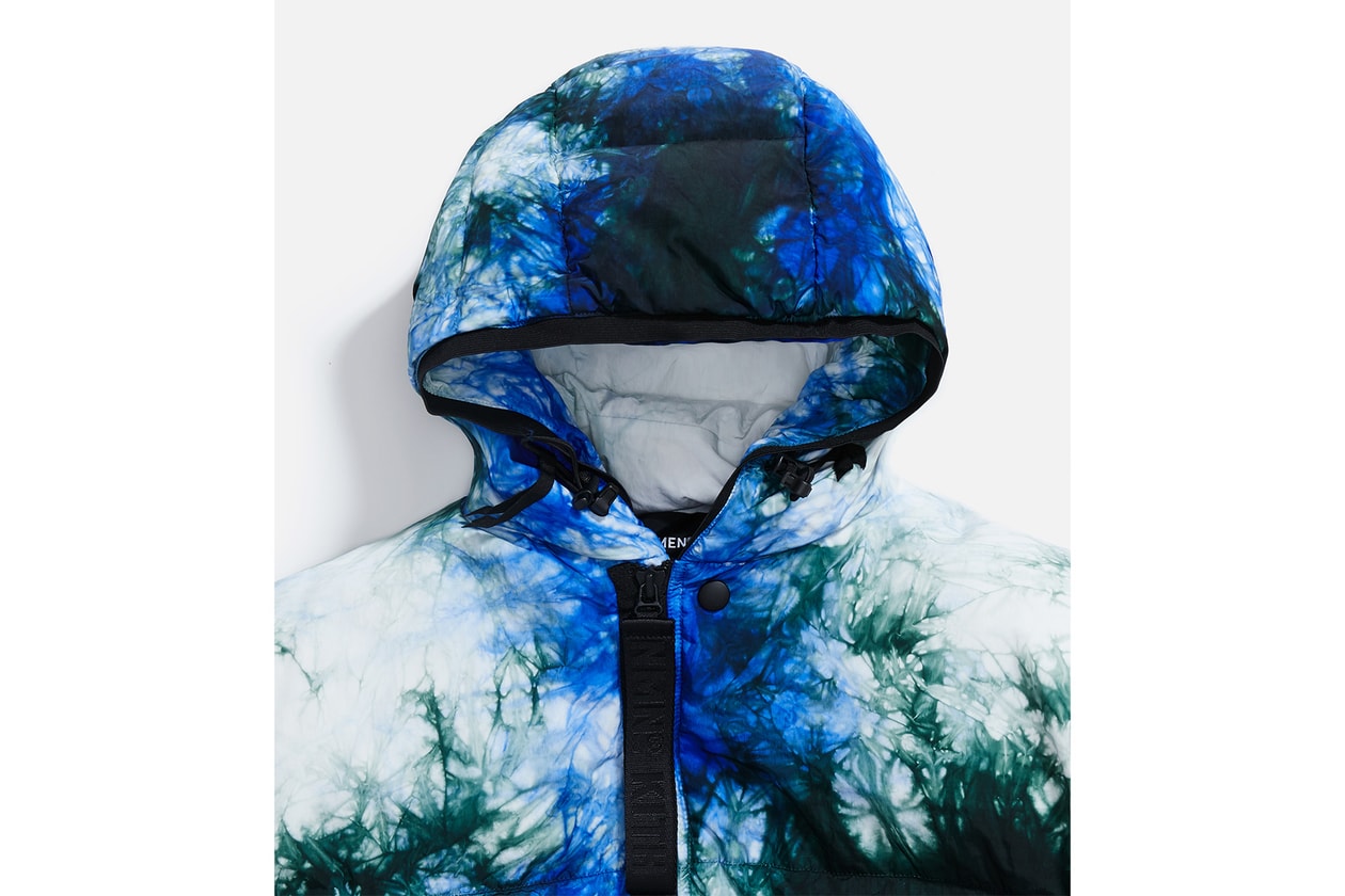 KITH x NEMEN Tie-Dye Collaboration Release Info capsule Tie-Dye Down Jacket, Blade Jacket,  XLight Guard Vest, Futura Kimono, Stark Track Pants, and Tie-Dye Goose Down Hood. release date outerwear multicolor 