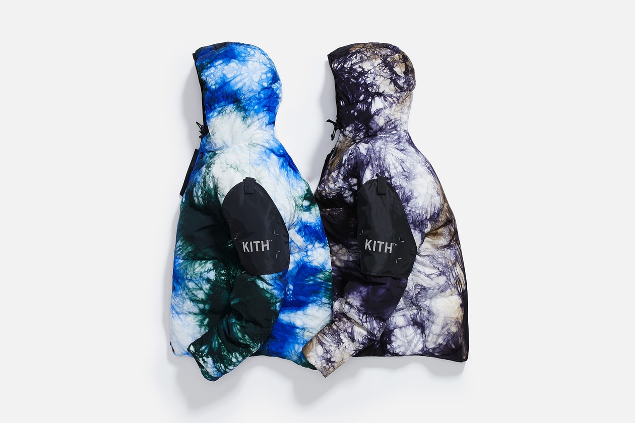 KITH x NEMEN Tie-Dye Collaboration Release Info capsule Tie-Dye Down Jacket, Blade Jacket,  XLight Guard Vest, Futura Kimono, Stark Track Pants, and Tie-Dye Goose Down Hood. release date outerwear multicolor 