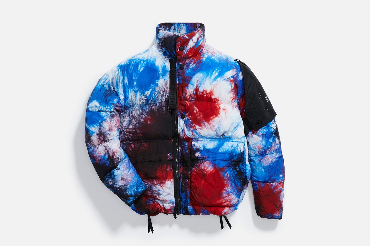 KITH x NEMEN Tie-Dye Collaboration Release Info capsule Tie-Dye Down Jacket, Blade Jacket,  XLight Guard Vest, Futura Kimono, Stark Track Pants, and Tie-Dye Goose Down Hood. release date outerwear multicolor 