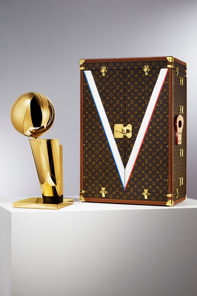 Louis Vuitton Official NBA Trophy Travel Case paris flagship exclusive event vintage trunk brass fixtures monogram classic royal blue french luxury fashion house virgil abloh capsule collection partnership