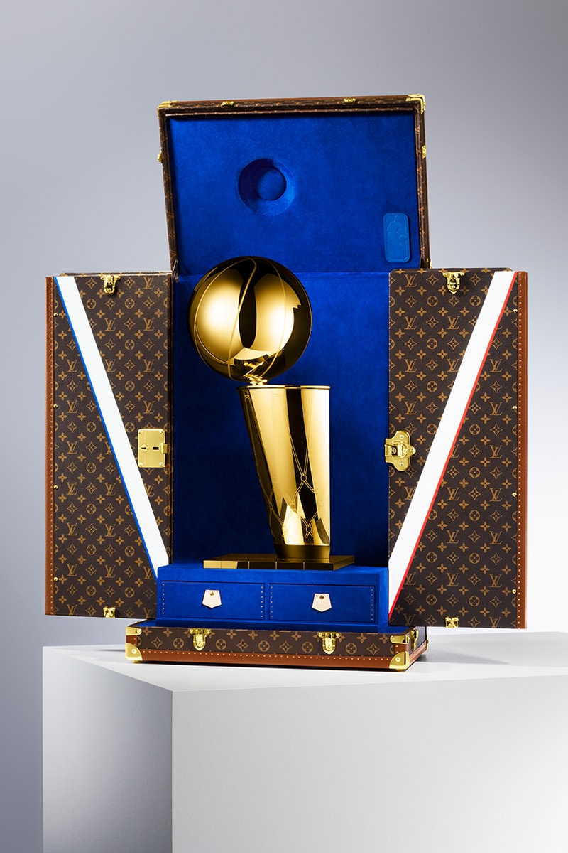 Louis Vuitton Official NBA Trophy Travel Case paris flagship exclusive event vintage trunk brass fixtures monogram classic royal blue french luxury fashion house virgil abloh capsule collection partnership