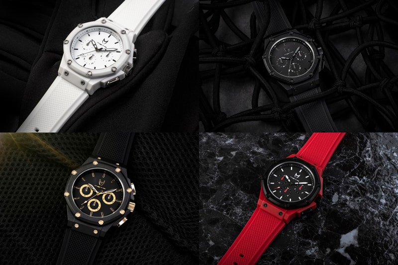 Meister Celebrates 10th Anniversary Ambassador Watches 40mm case size white black on black black and red black and gold multi-piece polycarbonate case and a bezel Japanese 6 hand chronograph Miyota movement stopwatch function 24-hour clock distinct design silver stainless steel pushers crown and bolts complement