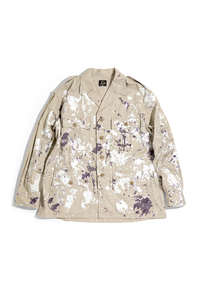 NEEDLES Paint Splatter Safari Jacket Pants field gabardine white purple olive green blue utilitarian field mil spec military nepenthes keizo shimizu khaki cargo trousers chino jungle