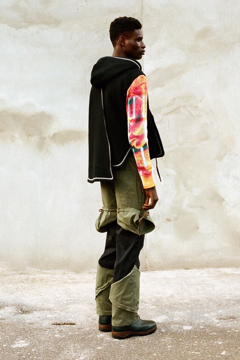 NOUNION Fall/Winter 2020 Collection Three Lookbook Coats Jackets Sweatshirts Pants Shirts Long Sleeves Corduroy Leather Asymmetrical Deconstructed Black White Red Green Blue 