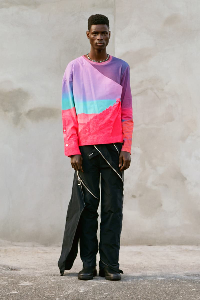 NOUNION Fall/Winter 2020 Collection Three Lookbook Coats Jackets Sweatshirts Pants Shirts Long Sleeves Corduroy Leather Asymmetrical Deconstructed Black White Red Green Blue