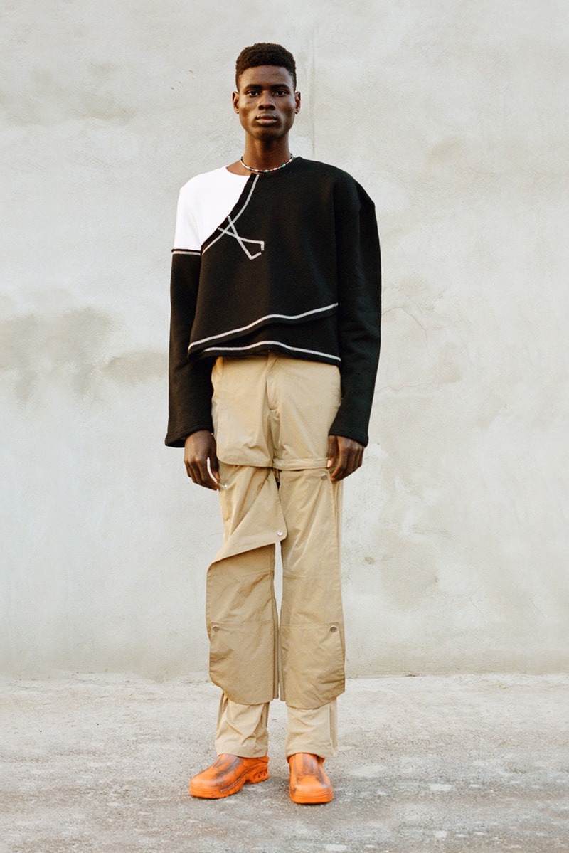 NOUNION Fall/Winter 2020 Collection Three Lookbook Coats Jackets Sweatshirts Pants Shirts Long Sleeves Corduroy Leather Asymmetrical Deconstructed Black White Red Green Blue 