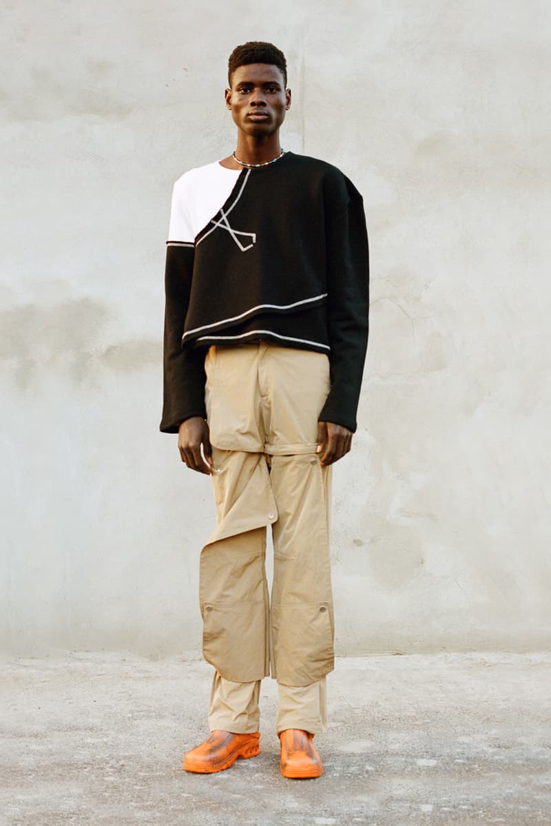 NOUNION Fall/Winter 2020 Collection Three Lookbook Coats Jackets Sweatshirts Pants Shirts Long Sleeves Corduroy Leather Asymmetrical Deconstructed Black White Red Green Blue
