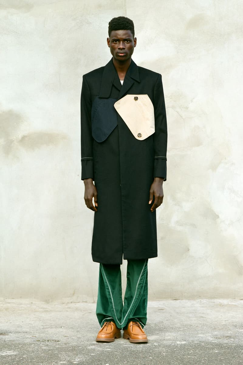 NOUNION Fall/Winter 2020 Collection Three Lookbook Coats Jackets Sweatshirts Pants Shirts Long Sleeves Corduroy Leather Asymmetrical Deconstructed Black White Red Green Blue