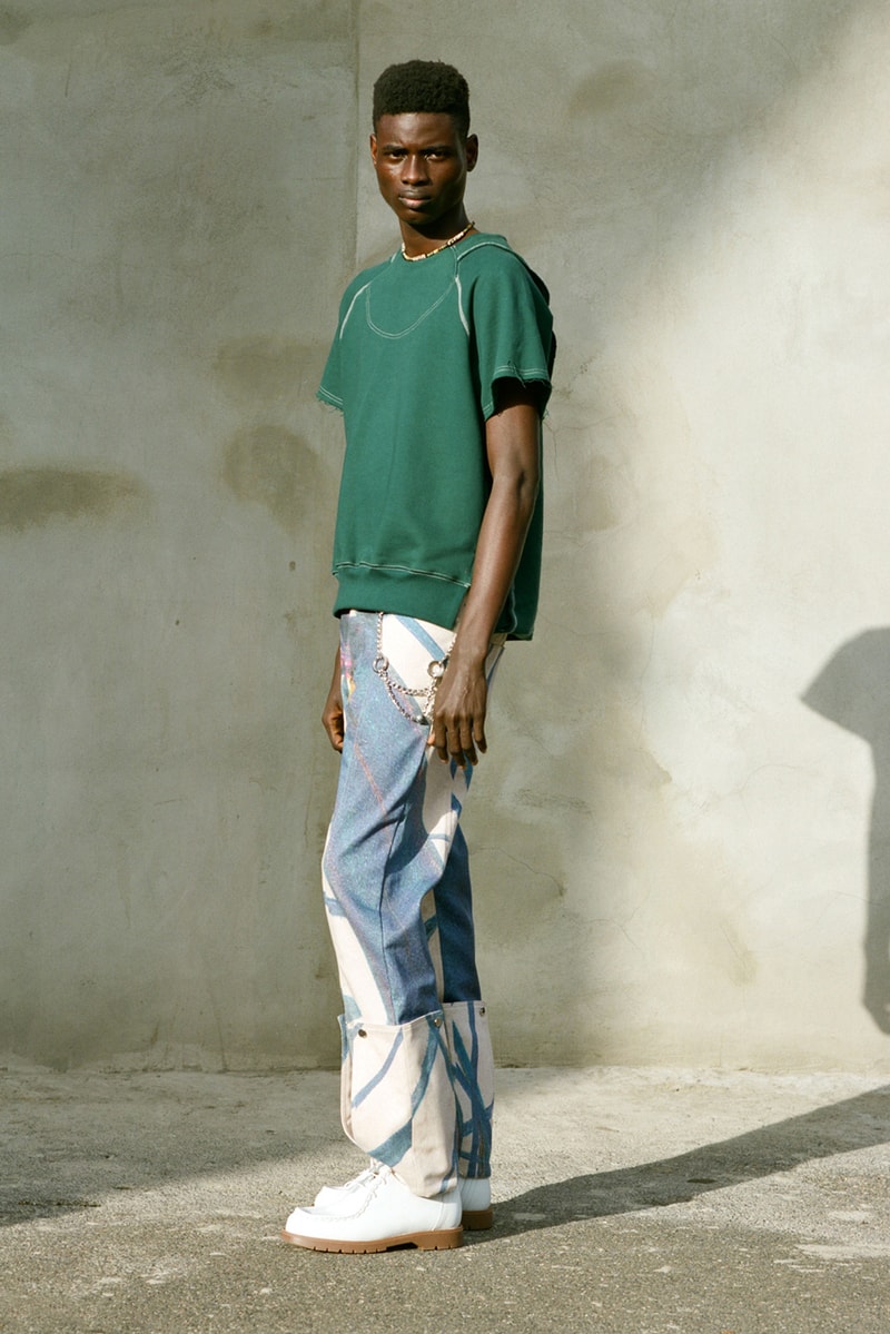 NOUNION Fall/Winter 2020 Collection Three Lookbook Coats Jackets Sweatshirts Pants Shirts Long Sleeves Corduroy Leather Asymmetrical Deconstructed Black White Red Green Blue 