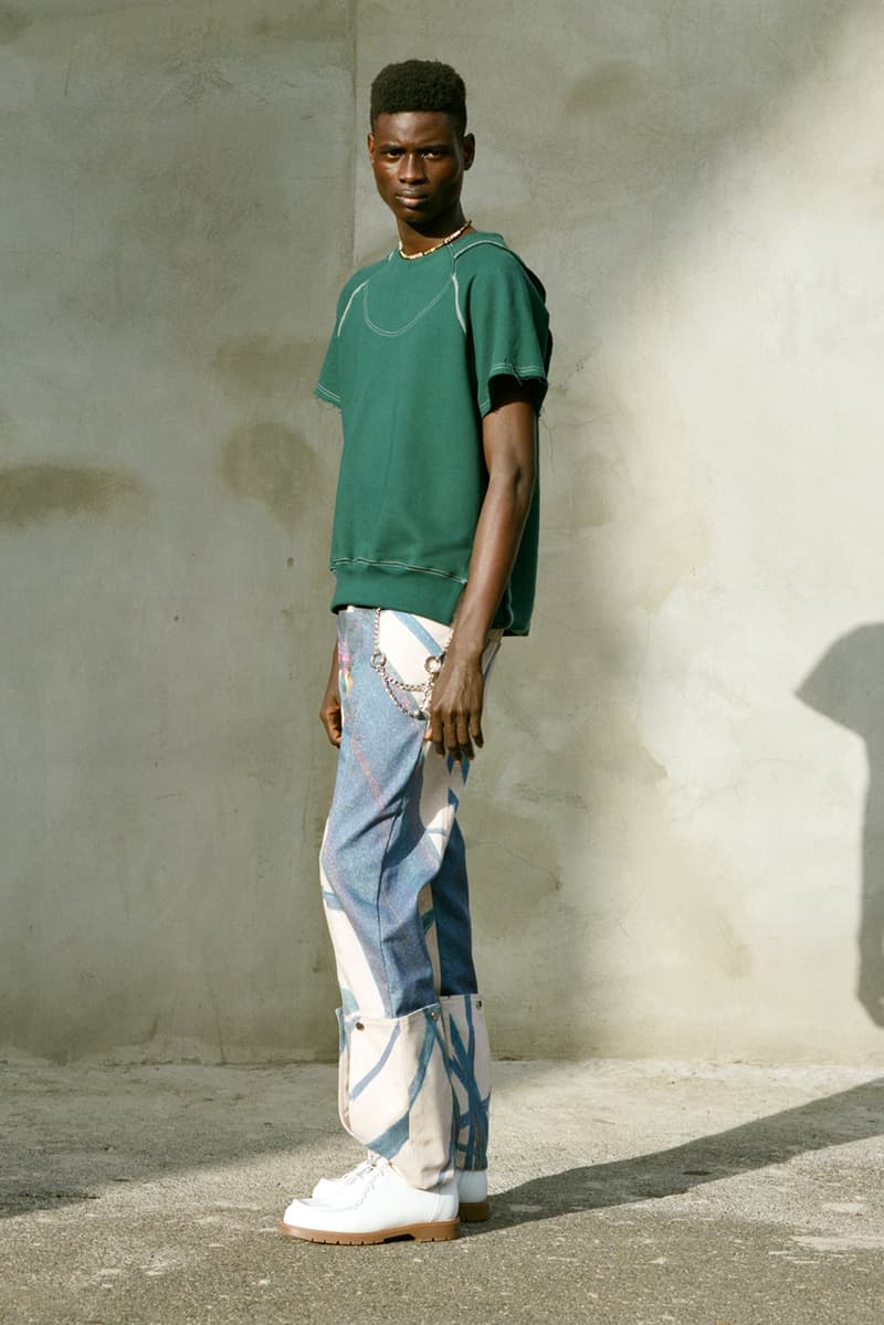 NOUNION Fall/Winter 2020 Collection Three Lookbook Coats Jackets Sweatshirts Pants Shirts Long Sleeves Corduroy Leather Asymmetrical Deconstructed Black White Red Green Blue