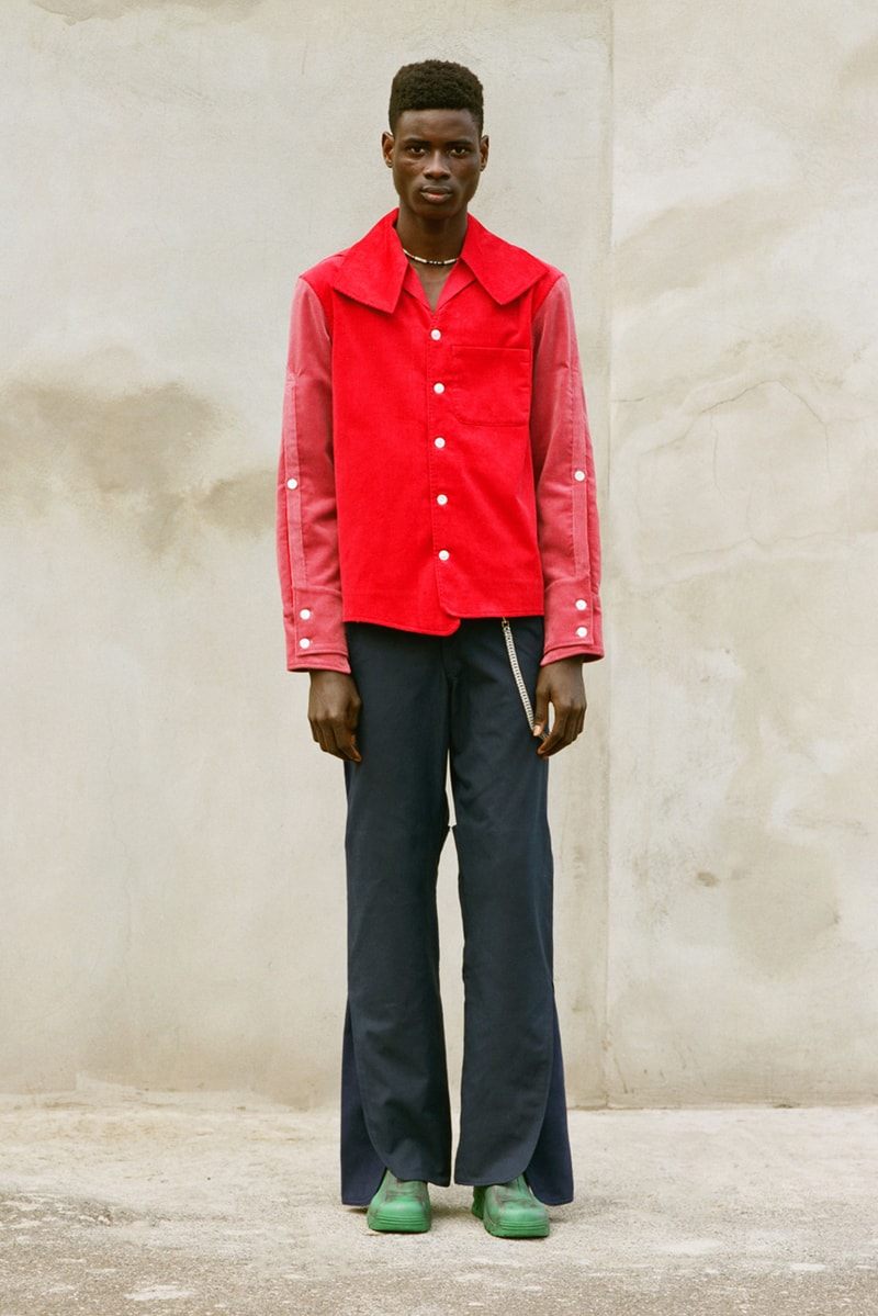 NOUNION Fall/Winter 2020 Collection Three Lookbook Coats Jackets Sweatshirts Pants Shirts Long Sleeves Corduroy Leather Asymmetrical Deconstructed Black White Red Green Blue 