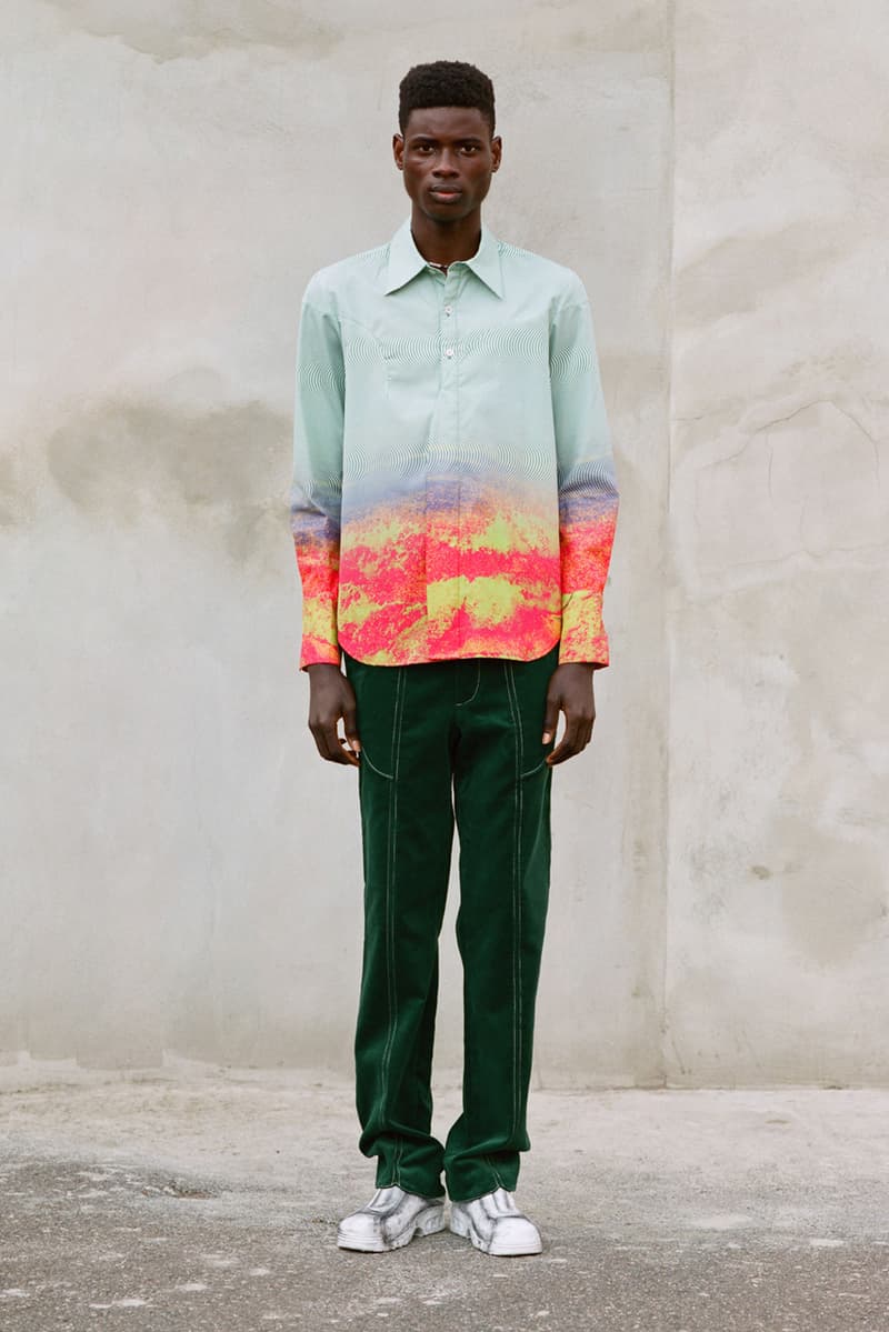 NOUNION Fall/Winter 2020 Collection Three Lookbook Coats Jackets Sweatshirts Pants Shirts Long Sleeves Corduroy Leather Asymmetrical Deconstructed Black White Red Green Blue