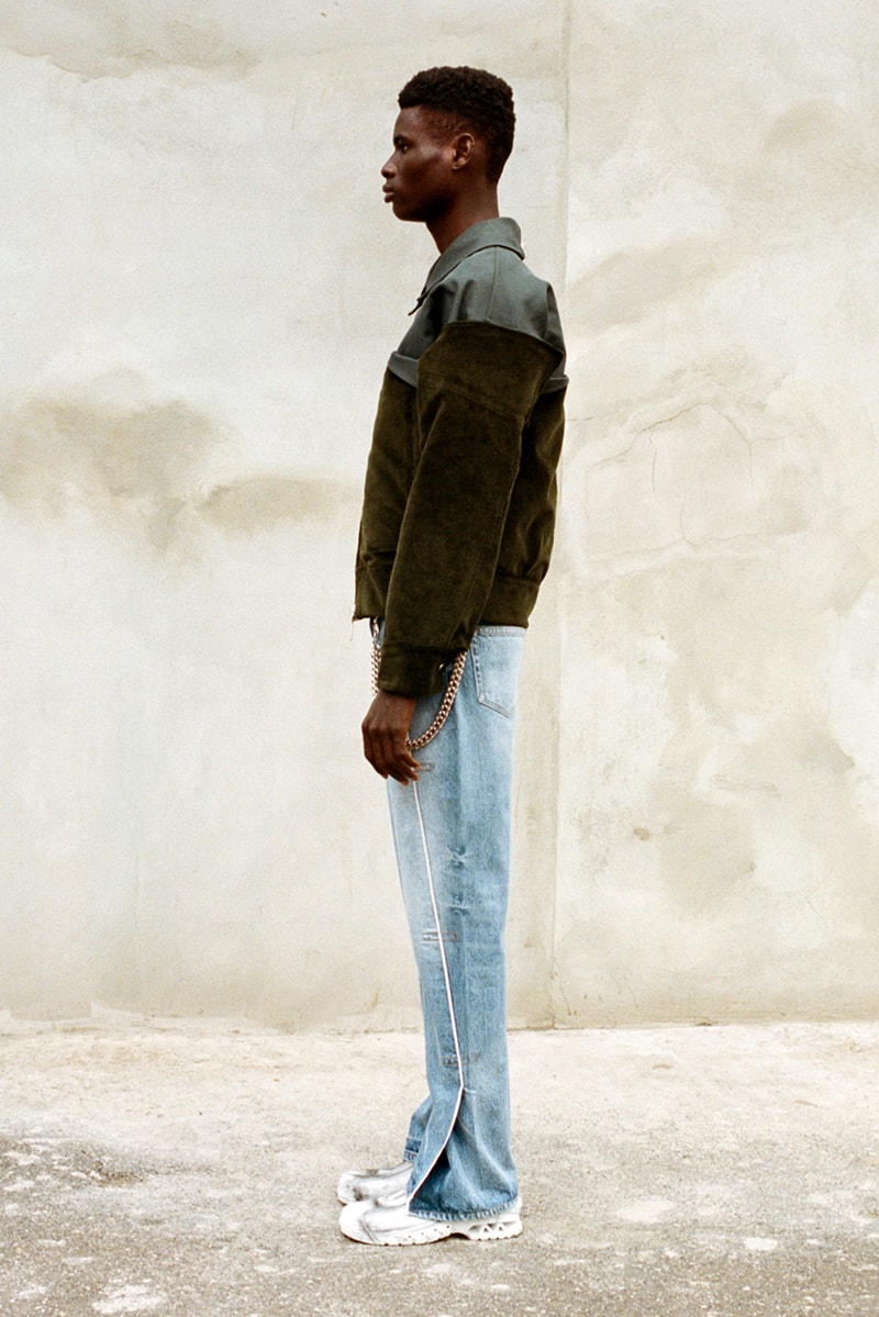 NOUNION Fall/Winter 2020 Collection Three Lookbook Coats Jackets Sweatshirts Pants Shirts Long Sleeves Corduroy Leather Asymmetrical Deconstructed Black White Red Green Blue 