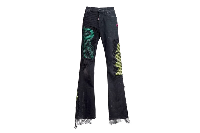Off-White Flared Fishnet Detail Jeans denim virgil abloh pants the webster style arrows retail online shopping pants denim black jeans wide leg bell-bottoms 