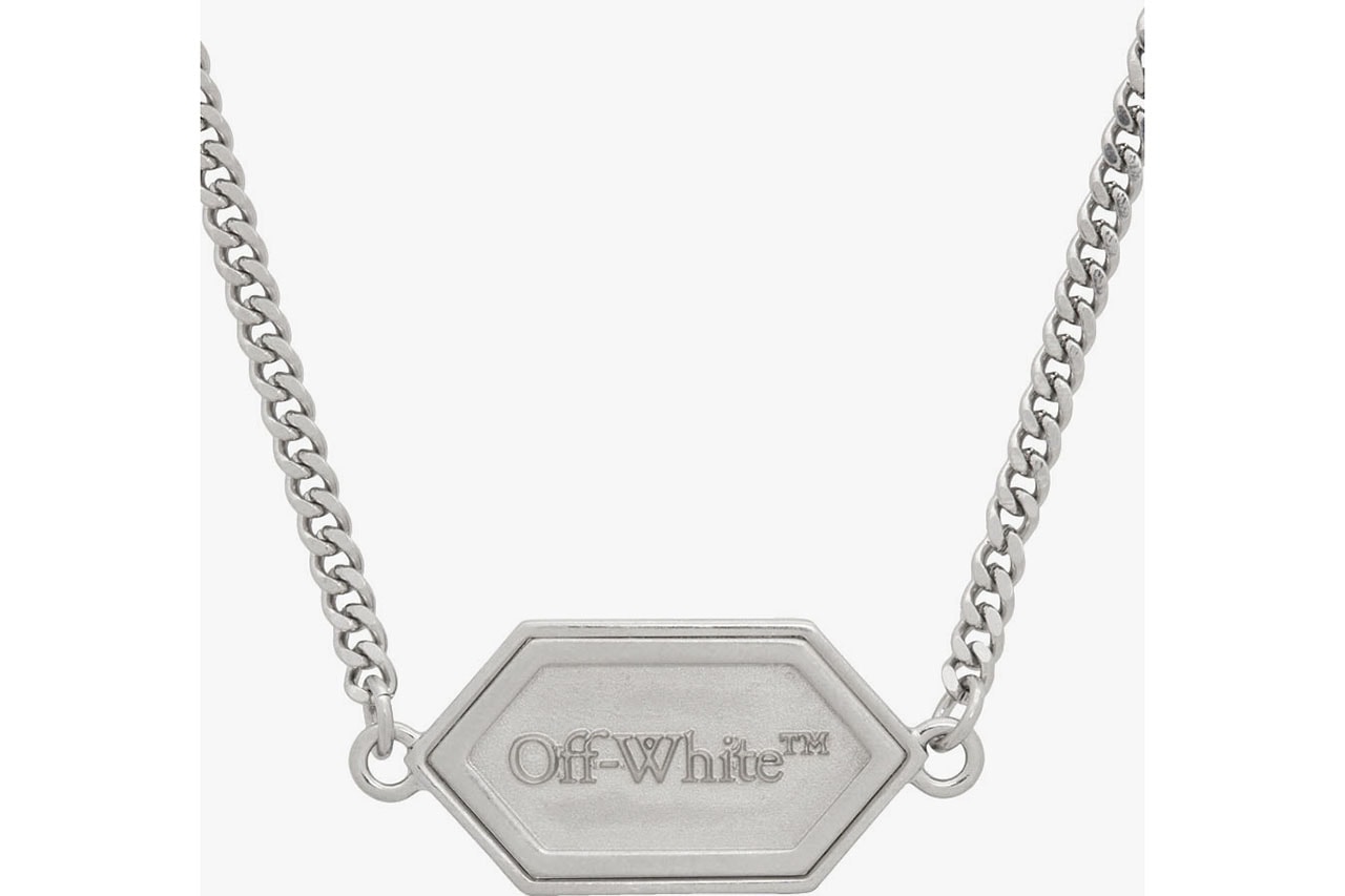 Off-White™ Silver Hexnut Nameplate Jewelry Release Information SSENSE Virgil Abloh Designer Cop Streetwear Bracelet Pendant Necklace Cuff Chains Links 