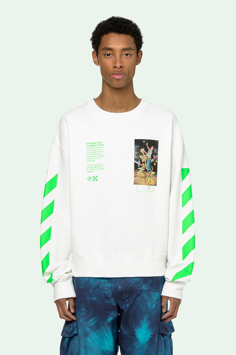 Off-White™ Pascal Painting Sweatshirt Release Information "Brilliant Green" Diagonal Printed Stripes The Golden Ratio Special Number Virgil Abloh Sweater Long Sleeve White Top Menswear Spring Summer 2020 SS20
