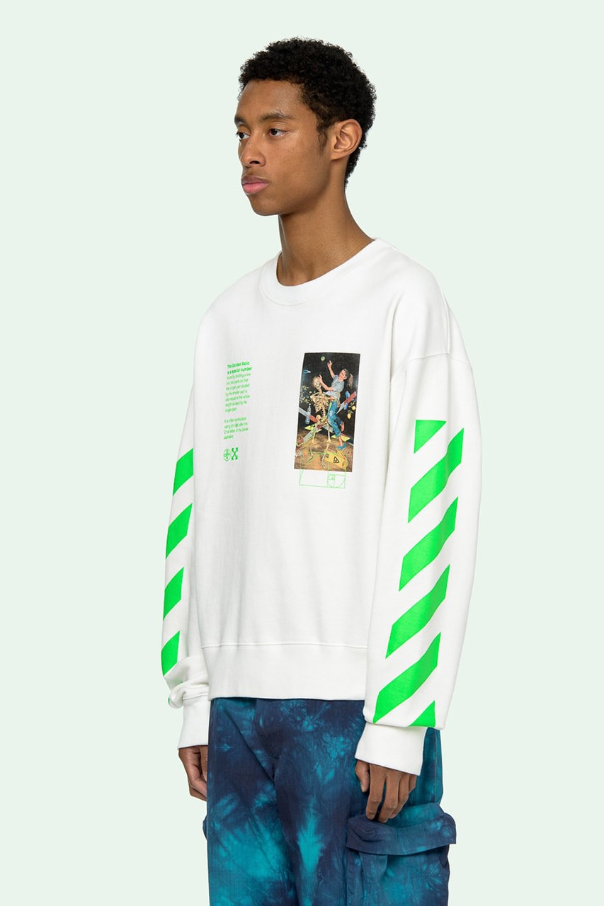 Off-White™ Pascal Painting Sweatshirt Release Information "Brilliant Green" Diagonal Printed Stripes The Golden Ratio Special Number Virgil Abloh Sweater Long Sleeve White Top Menswear Spring Summer 2020 SS20
