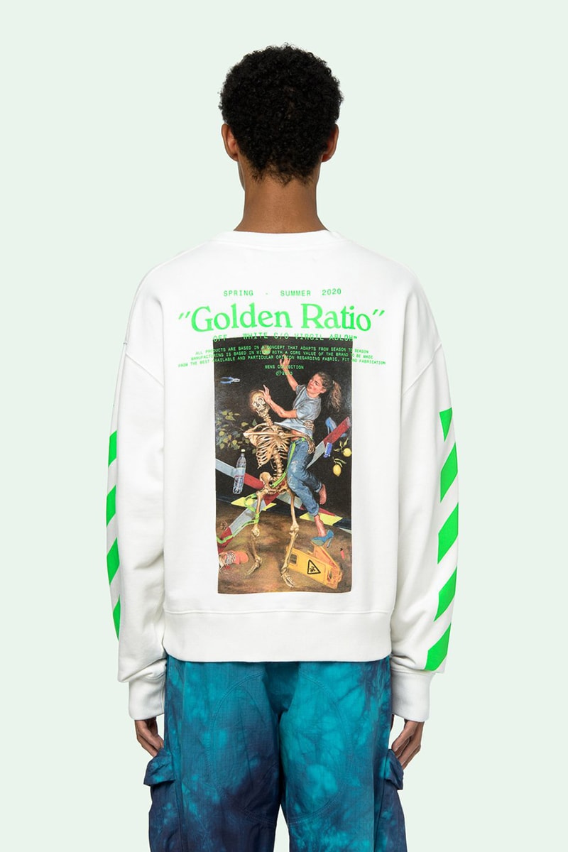 Off-White™ Pascal Painting Sweatshirt Release Information "Brilliant Green" Diagonal Printed Stripes The Golden Ratio Special Number Virgil Abloh Sweater Long Sleeve White Top Menswear Spring Summer 2020 SS20
