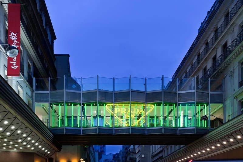Prada Takes Over Galeries Lafayette Hyper Leaves Retail Installation paris fall winter 2020 collection footwear nature tropical neon green signs