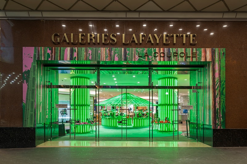 Prada Takes Over Galeries Lafayette Hyper Leaves Retail Installation paris fall winter 2020 collection footwear nature tropical neon green signs