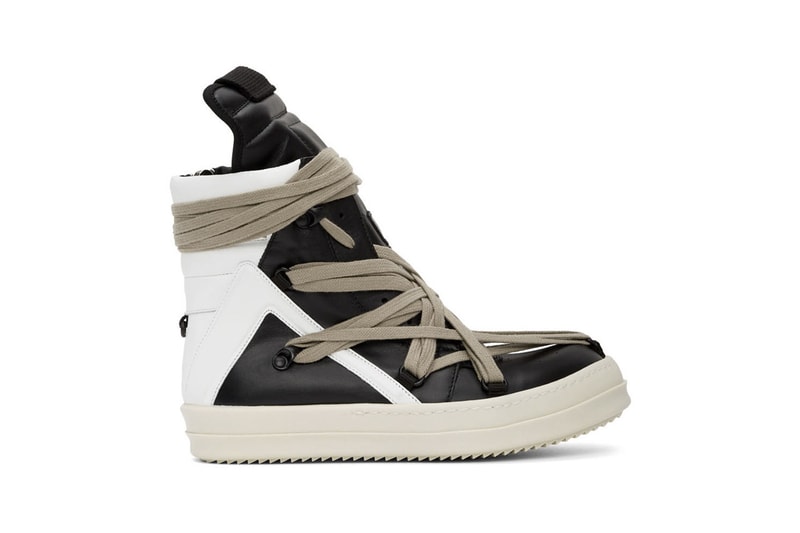 Rick Owens "Black/White" & "White" Geo Basket High-Top Sneakers "TECUATL" Paris Fashion Week Spring Summer 2020 SS20 Collection Runway Footwear Sneakerboot Release Information First Closer Look Drop SSENSE Cop Now Online Lord of Darkness Laces Military Utilitarian Goth