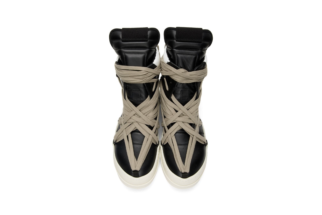 Rick Owens "Black/White" & "White" Geo Basket High-Top Sneakers "TECUATL" Paris Fashion Week Spring Summer 2020 SS20 Collection Runway Footwear Sneakerboot Release Information First Closer Look Drop SSENSE Cop Now Online Lord of Darkness Laces Military Utilitarian Goth