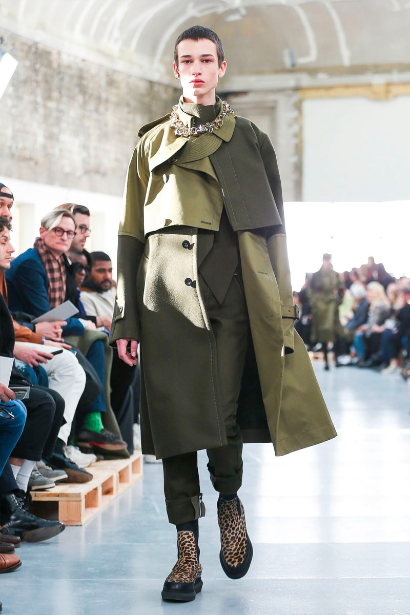 sacai Paris Fashion Week Fall Winter Runway Nike Pegasus Vaporfly pfw co ed chitose abe deconstruction military outerwear japanese designer layer styles leopard olive asymmetrical 