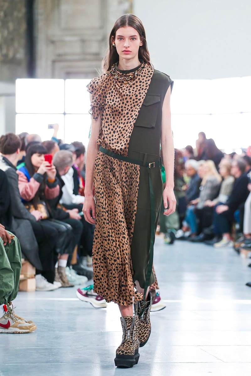 sacai Paris Fashion Week Fall Winter Runway Nike Pegasus Vaporfly pfw co ed chitose abe deconstruction military outerwear japanese designer layer styles leopard olive asymmetrical 