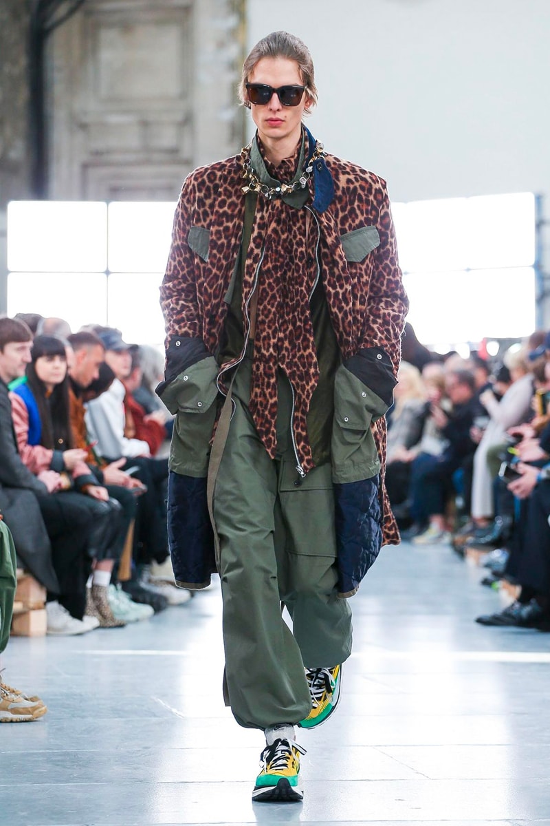sacai Paris Fashion Week Fall Winter Runway Nike Pegasus Vaporfly pfw co ed chitose abe deconstruction military outerwear japanese designer layer styles leopard olive asymmetrical 