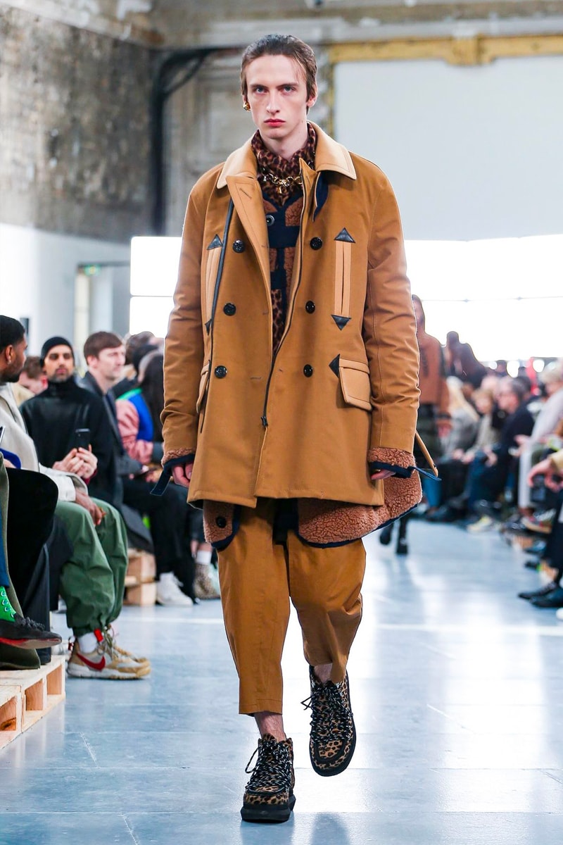 sacai Paris Fashion Week Fall Winter Runway Nike Pegasus Vaporfly pfw co ed chitose abe deconstruction military outerwear japanese designer layer styles leopard olive asymmetrical 