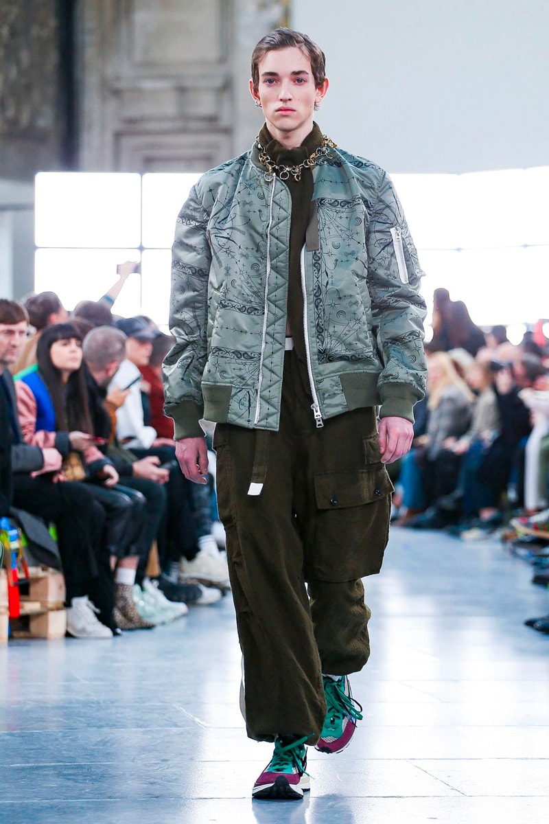 sacai Paris Fashion Week Fall Winter Runway Nike Pegasus Vaporfly pfw co ed chitose abe deconstruction military outerwear japanese designer layer styles leopard olive asymmetrical 