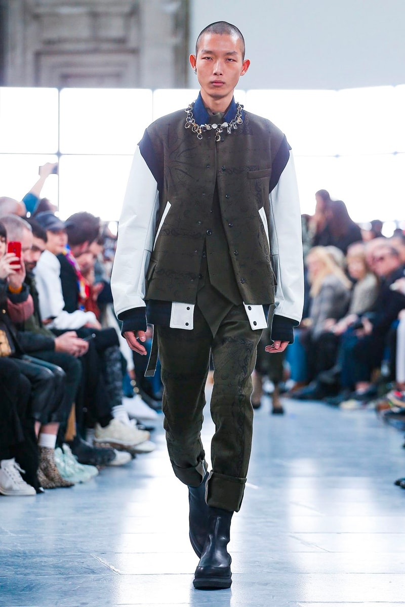sacai Paris Fashion Week Fall Winter Runway Nike Pegasus Vaporfly pfw co ed chitose abe deconstruction military outerwear japanese designer layer styles leopard olive asymmetrical 