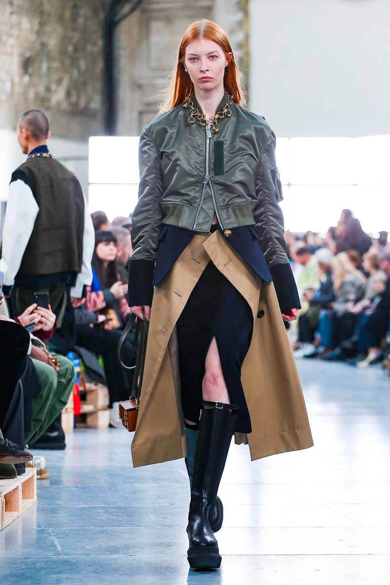sacai Paris Fashion Week Fall Winter Runway Nike Pegasus Vaporfly pfw co ed chitose abe deconstruction military outerwear japanese designer layer styles leopard olive asymmetrical 