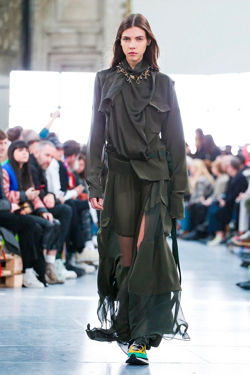 sacai Paris Fashion Week Fall Winter Runway Nike Pegasus Vaporfly pfw co ed chitose abe deconstruction military outerwear japanese designer layer styles leopard olive asymmetrical 