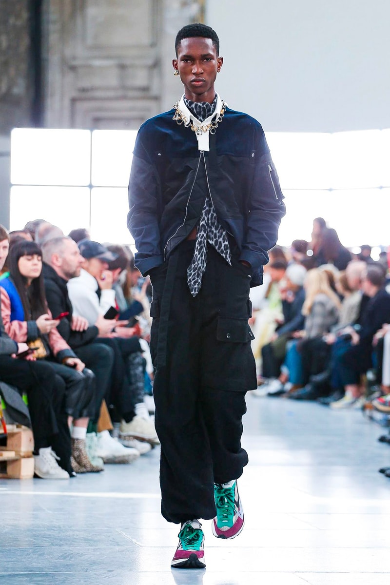 sacai Paris Fashion Week Fall Winter Runway Nike Pegasus Vaporfly pfw co ed chitose abe deconstruction military outerwear japanese designer layer styles leopard olive asymmetrical 