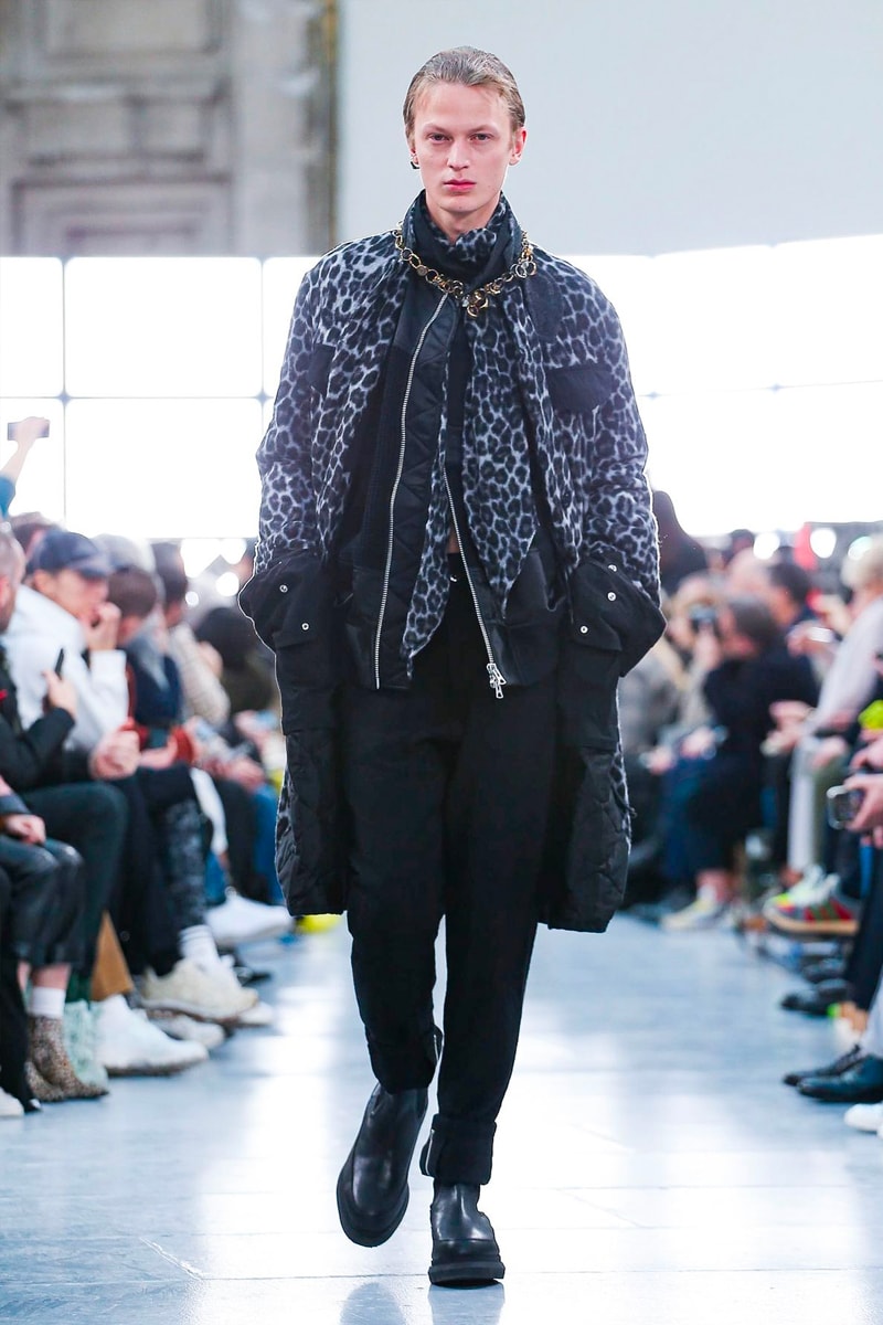 sacai Paris Fashion Week Fall Winter Runway Nike Pegasus Vaporfly pfw co ed chitose abe deconstruction military outerwear japanese designer layer styles leopard olive asymmetrical 