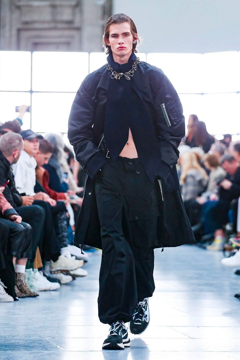 sacai Paris Fashion Week Fall Winter Runway Nike Pegasus Vaporfly pfw co ed chitose abe deconstruction military outerwear japanese designer layer styles leopard olive asymmetrical 
